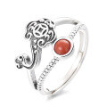 wholesale S925 Sterling Silver Vintage Chinese Style Double-Layer Ruyi Auspicious Clouds Inlaid with Southern Red Agate Ring Ethnic Finger Ring for Index Finger-0-6