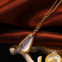 wholesale 925 Silver Japanese-style Natural White Shell and White Crystal Vintage Carved Double-sided Pendant with Amazonite Women's Collarbone Necklace-Embossed White Shell Crystal Pendant 925 Silver