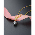 wholesale S925 silver zirconia black pearl pendant necklace with diamond-cut leaf design, Korean minimalist collarbone chain for women-0-1