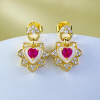 wholesale S925 Silver Daily Simple 4*4mm Simulated Ruby Heart Stud Earrings for Women, Fresh Style-E531 Red Diamond 925 Silver