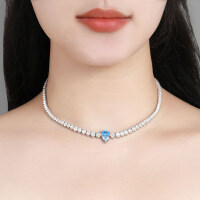 Sterling Silver 4-Carat Fancy Pear Moissanite All-Diamond Necklace-Klein Blue Pear-Shaped Diamond Necklace  15 inches