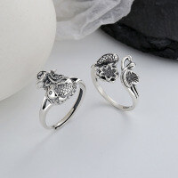 wholesale S925 Sterling Silver Aged Ring with Lotus, Carp, Coin, and "Year After Year of Abundance" Design in Ethnic Retro Style for Index Finger-531FJ/A approx. 3.2g Opening adjustable