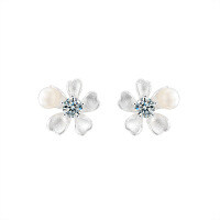 Sterling Silver Moissanite Pearl Earrings with Petal Design-Small orchid earrings (white gold)  10-point moissanite (3.5mm bread bead)