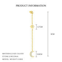 wholesale S925 Sterling Silver European-american French Style Light Luxury Star Moon Flash Zircon Earrings For Women, Hexagram Elegant Tassel Earrings-E5016-Gold/Single 925 Silver