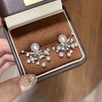 wholesale 925 Sterling Silver Manta Rose Fan-shaped Firework Pearl Earrings, Small and Minimalist Advanced Sense Light Luxury Two-way Wear Ear Studs and Ear Accessories-Platinum 925 silver