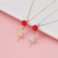 wholesale S925 Sterling Silver Metal Rose with Zircon Necklace, Acrylic Flower Cross-Border Best-Seller Wholesale-0-4