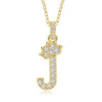 Gold-Plated Copper Crown Zircon Quartz Letter Pendant Necklace-Letter necklace J
