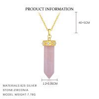 wholesale Metal Hexagonal Prism Moon Pendant Necklace For Women, Amazon Bestseller, Original Crystal Stone Wholesale-YA0469_Pink Quartz Crystal Column/White Zirconium_18K Yellow Plated 925 Silver