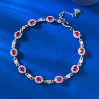 wholesale S925 Silver New Style 3*4 Oval Row Diamond Bracelet for Women, Chinese Style Adjustable New Year Edition in Pigeon Blood Red-B149 Pigeon Blood Red Bracelet 925 Silver