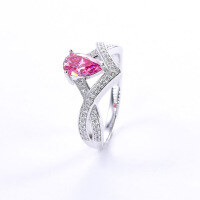 wholesale S925 Sterling Silver Light Luxury Niche Design V-Shaped Lock of Love Teardrop Moissanite Ring with Colored Moissanite-Pink Moissanite Ring  US Size 10