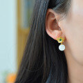 wholesale Gold-plated 925 Sterling Silver Flower with Inlaid Jade Ear Studs, Retro-style Elegant Hetian Jade Earrings-0-2