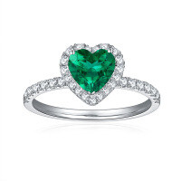 wholesale S925 Sterling Silver 12ct Lab-Grown Zambian Emerald 7*7mm Heart-Shaped Ring with Moissanite Accents-Cultured Emerald + Side Moissanite US Size 5