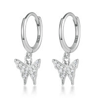 wholesale S925 Sterling Silver Micro-Paved Zircon Butterfly Earrings, Fashionable Pastoral Style, Fresh and Delicate Insect-Themed Dynamic Exquisite Hoop Ear Clasps-Platinum 925 silver