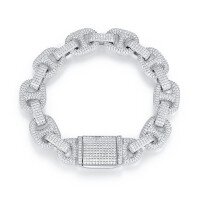 wholesale Metal material, pure silver moissanite diamond men's bracelet,hip hop pig nose full diamond Cuban chain-Zircon silver/38g 6.5 inches (length 16.5cm)