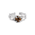 wholesale S925 Sterling Silver Ring with Unique Openwork Design, Inlaid with Yellow Tiger's Eye, for Women-0-6