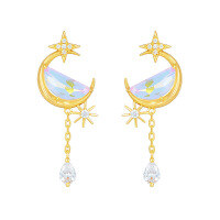 wholesale S925 Silver Plated with 14K Gold Japanese Minimalist Fresh Sweet Style Moon Star Quartz Stone Stud Earrings-Quartz Earrings 925 Silver