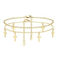 wholesale S925 Sterling Silver Ankle Chain with Layered Cross Shiny O-Link, Plated in 14K Gold, Factory Direct, Cross-Border-SA33-14K 925 silver