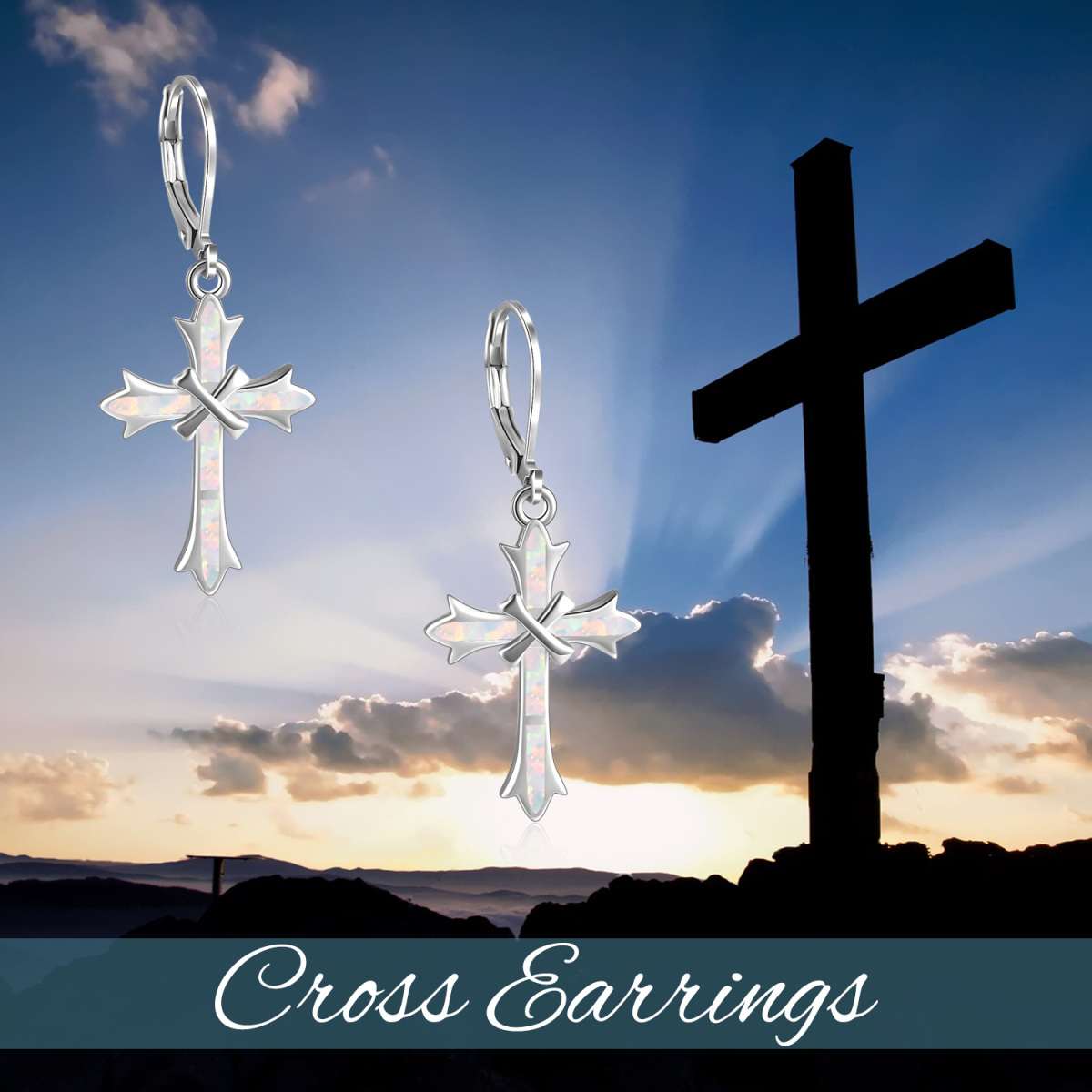 Sterling Silver Opal Cross Lever-back Earrings-6