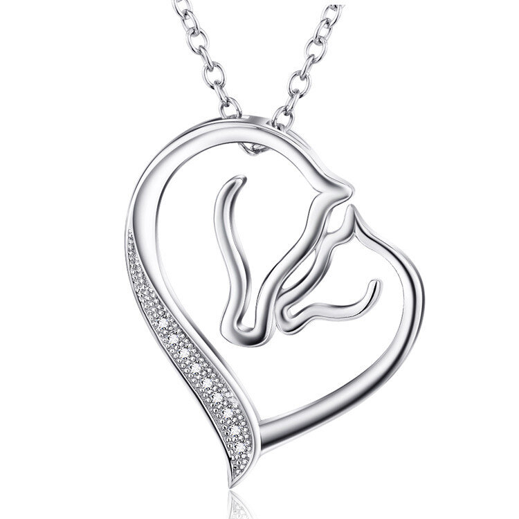 Sterling Silver Circular Shaped Cubic Zirconia Horse & Heart Pendant Necklace-1