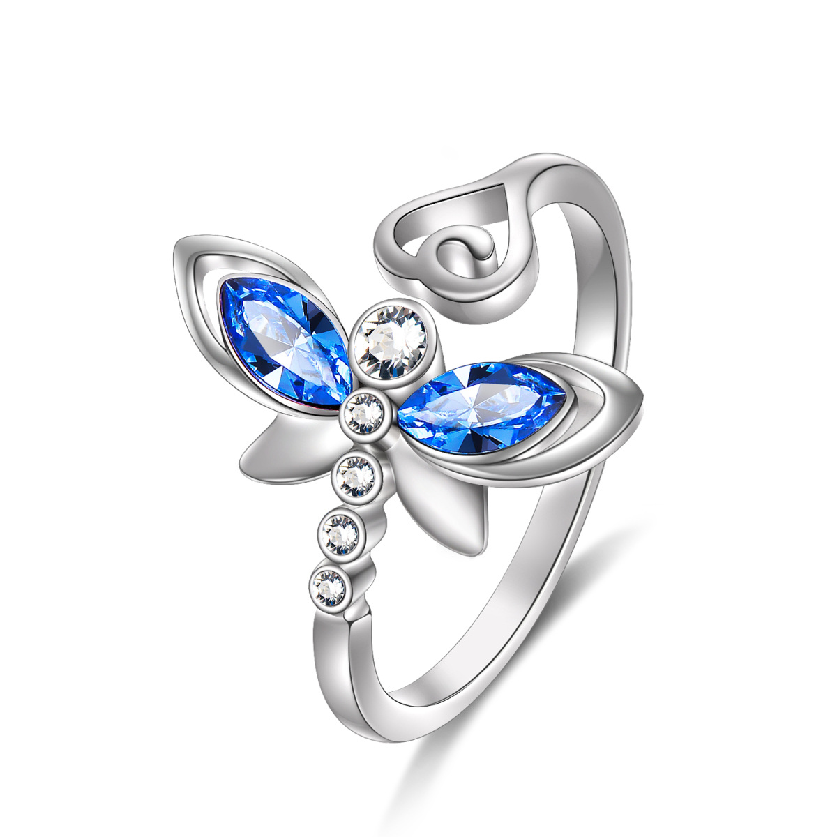 Sterling Silver Circular Shaped & Marquise Shaped Crystal Dragonfly & Heart Open Ring-1