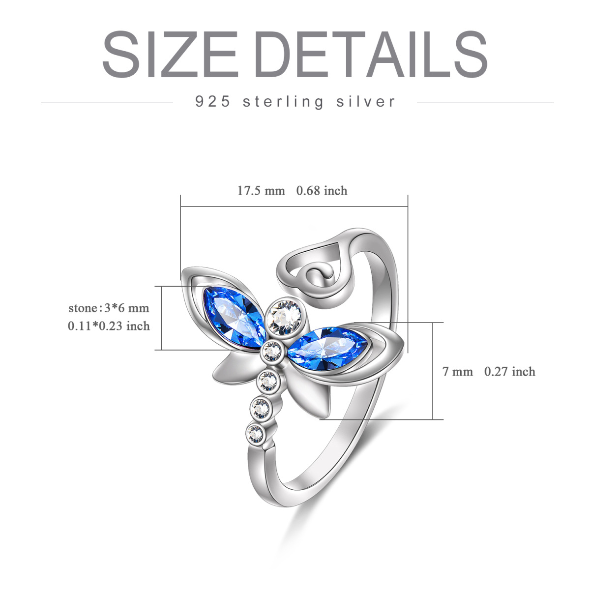 Anillo abierto de plata de ley con forma circular y marquesa de cristal libélula y corazón-5