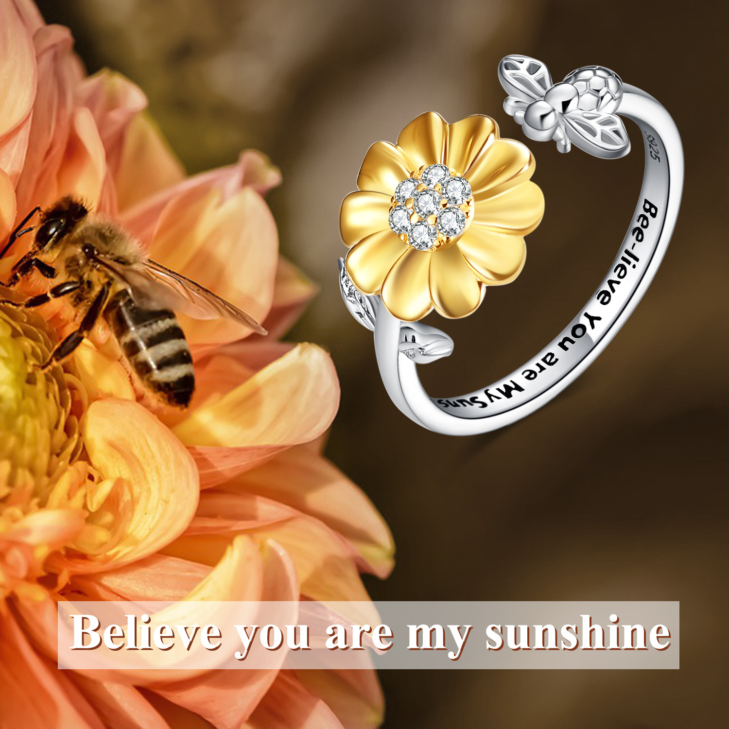 c580ae891ec79fa2d390dd97cad0f627PYJ04005 - Sterling Silver Sunflower with Bee-live You Are My Sunshine Open Adjustable Ring