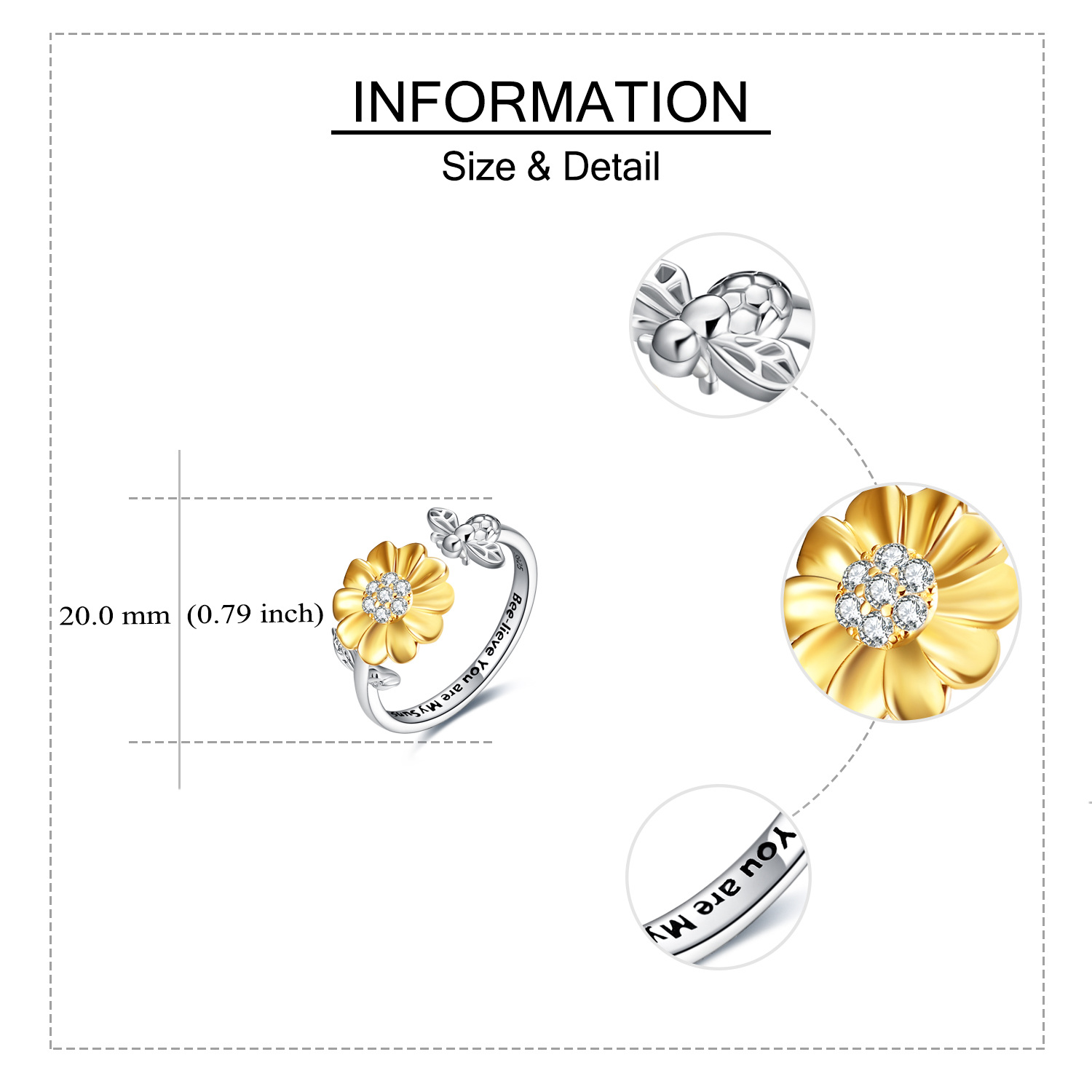 c7bc6eae182fa741d85fa61ce3cd2da4PYJ04004 - Sterling Silver Sunflower with Bee-live You Are My Sunshine Open Adjustable Ring