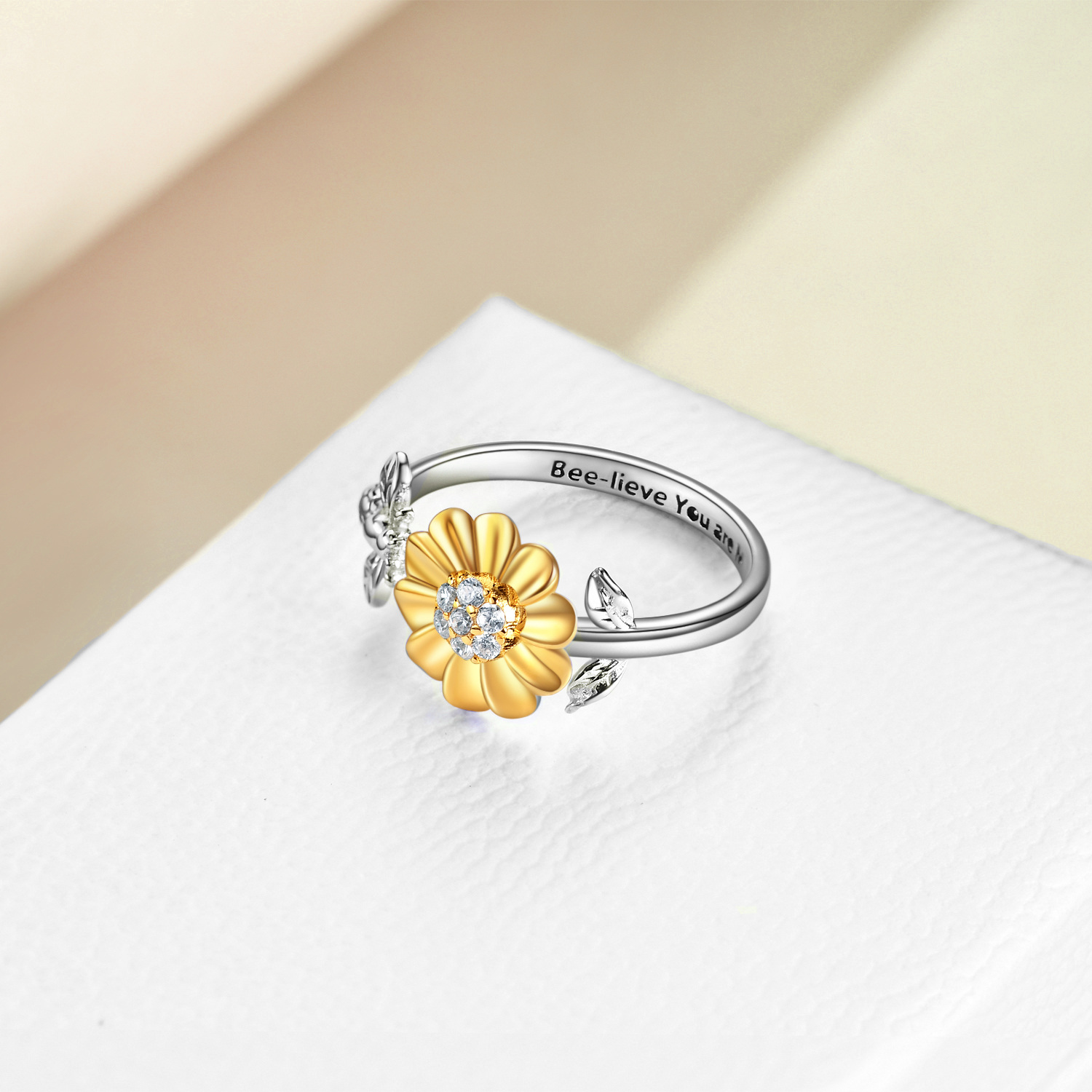 d7c0818c9788bb81d4b27ed99b0a423bPYJ04002 - Sterling Silver Sunflower with Bee-live You Are My Sunshine Open Adjustable Ring
