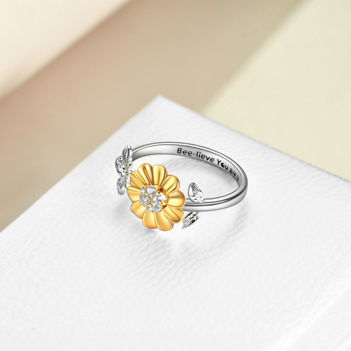 Sterling Silver Two-tone Round Cubic Zirconia Bee & Sunflower Open Ring with Engraved Word-4