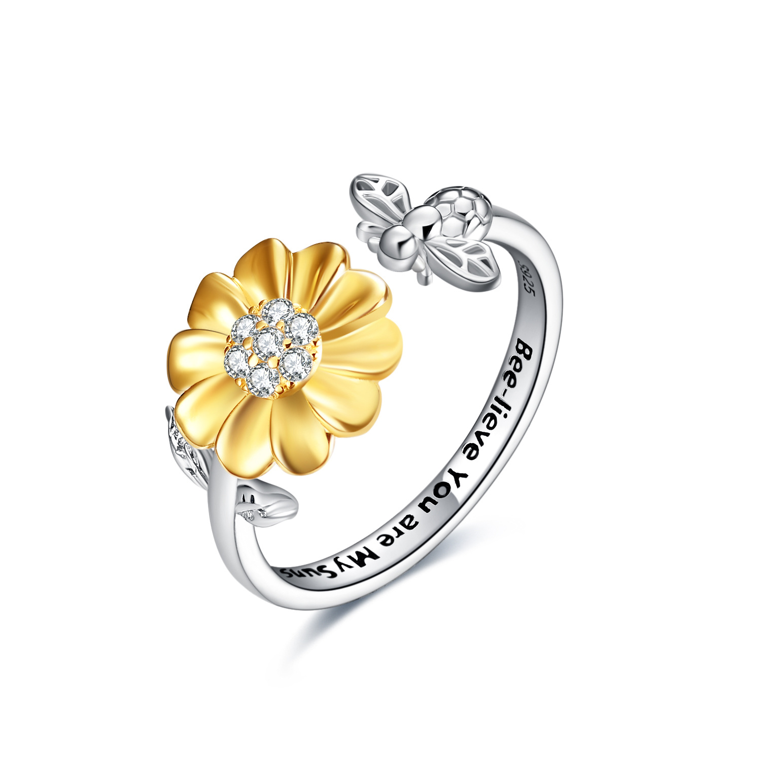 ddfc0356ab7ce13067d2a04893538a53PYJ04001 - Sterling Silver Sunflower with Bee-live You Are My Sunshine Open Adjustable Ring
