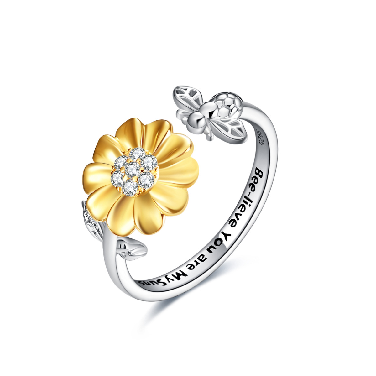 Sterling Silver Two-tone Round Cubic Zirconia Bee & Sunflower Open Ring with Engraved Word-1