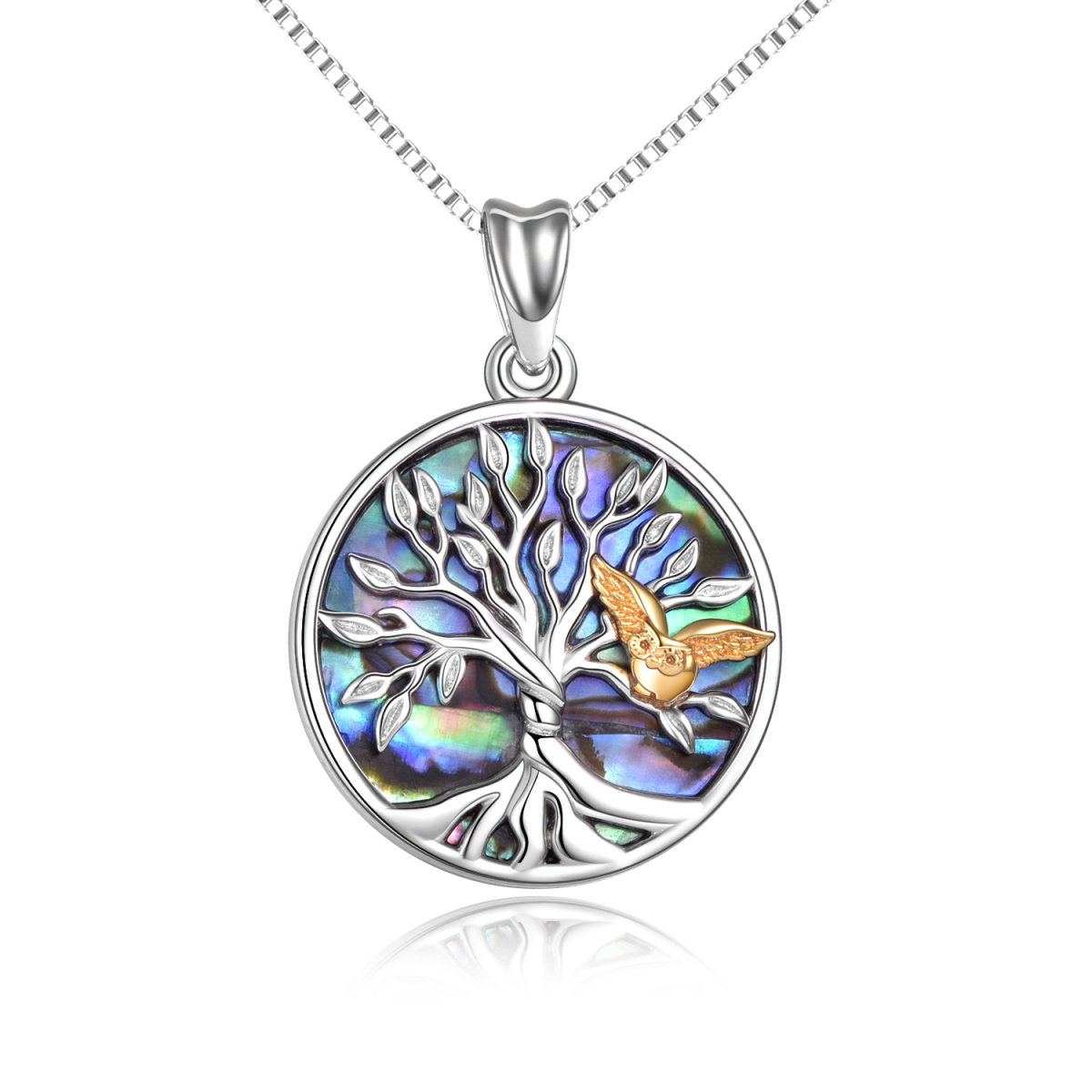 Sterling Silver Two-tone Abalone Shellfish Owl & Tree Of Life Pendant Necklace-1