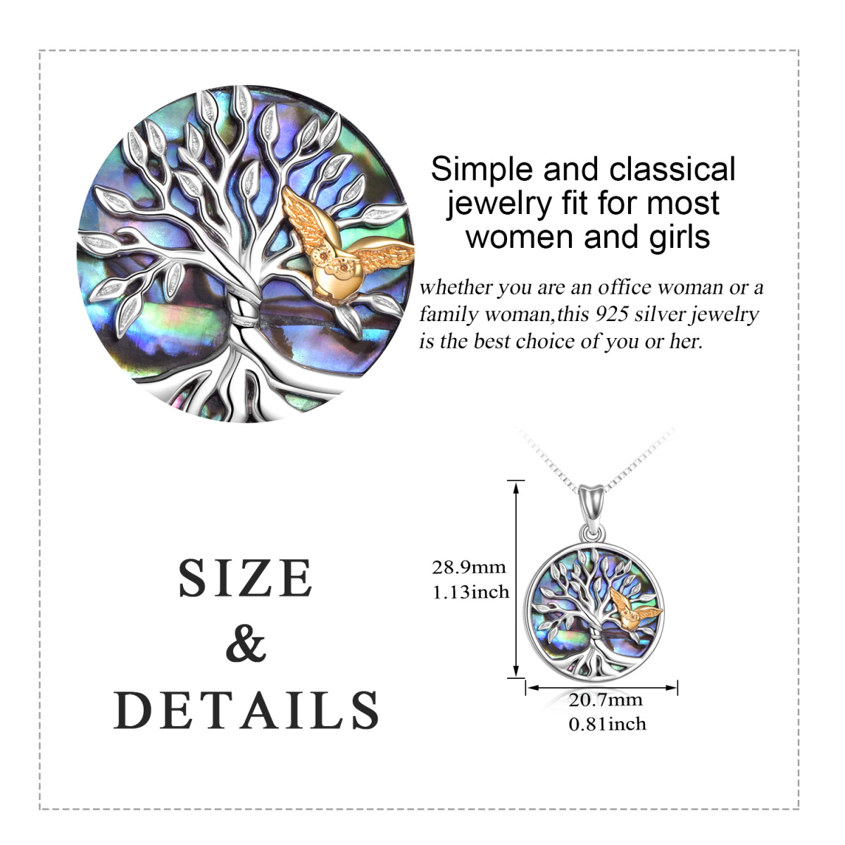 Sterling Silver Two-tone Abalone Shellfish Owl & Tree Of Life Pendant Necklace-6