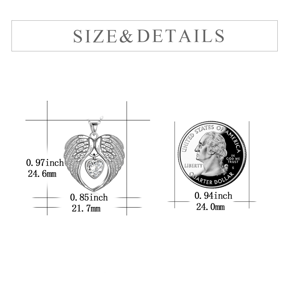 Plata de ley en forma de corazón Cubic Zirconia Angel Wing & Heart Pendant Necklace-6