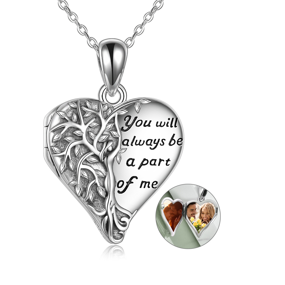 Sterling Silver Tree Of Life Heart Pendant Personalized Photo Locket Necklace-1