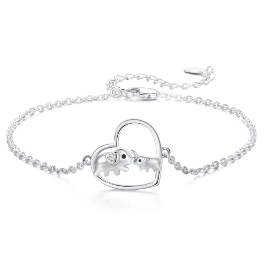 Sterling Silver Cubic Zirconia Elephant & Heart Pendant Bracelet