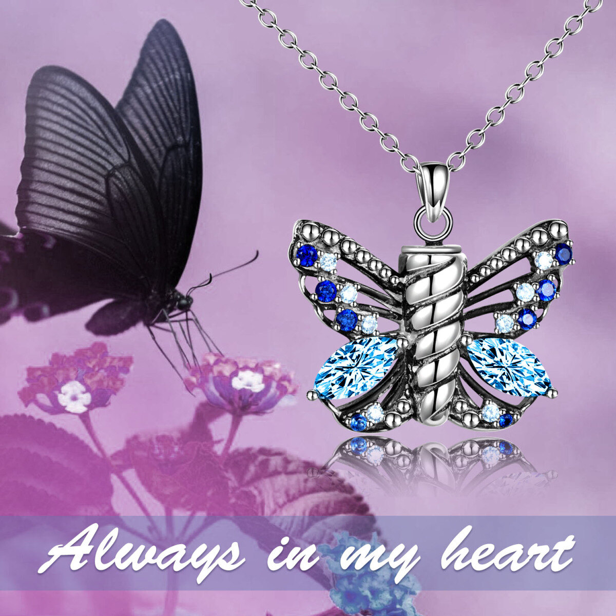 Sterling Silver Cubic Zirconia Butterfly Urn Necklace for Ashes-6