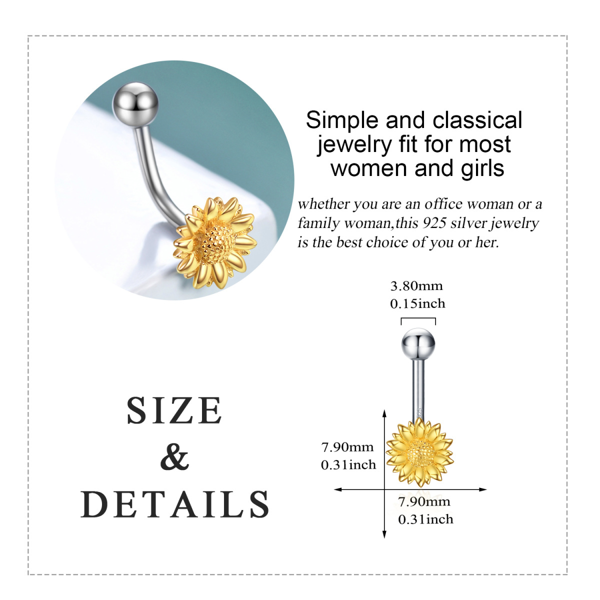 Sterling Silver Two-tone Sunflower Belly Button Ring-5