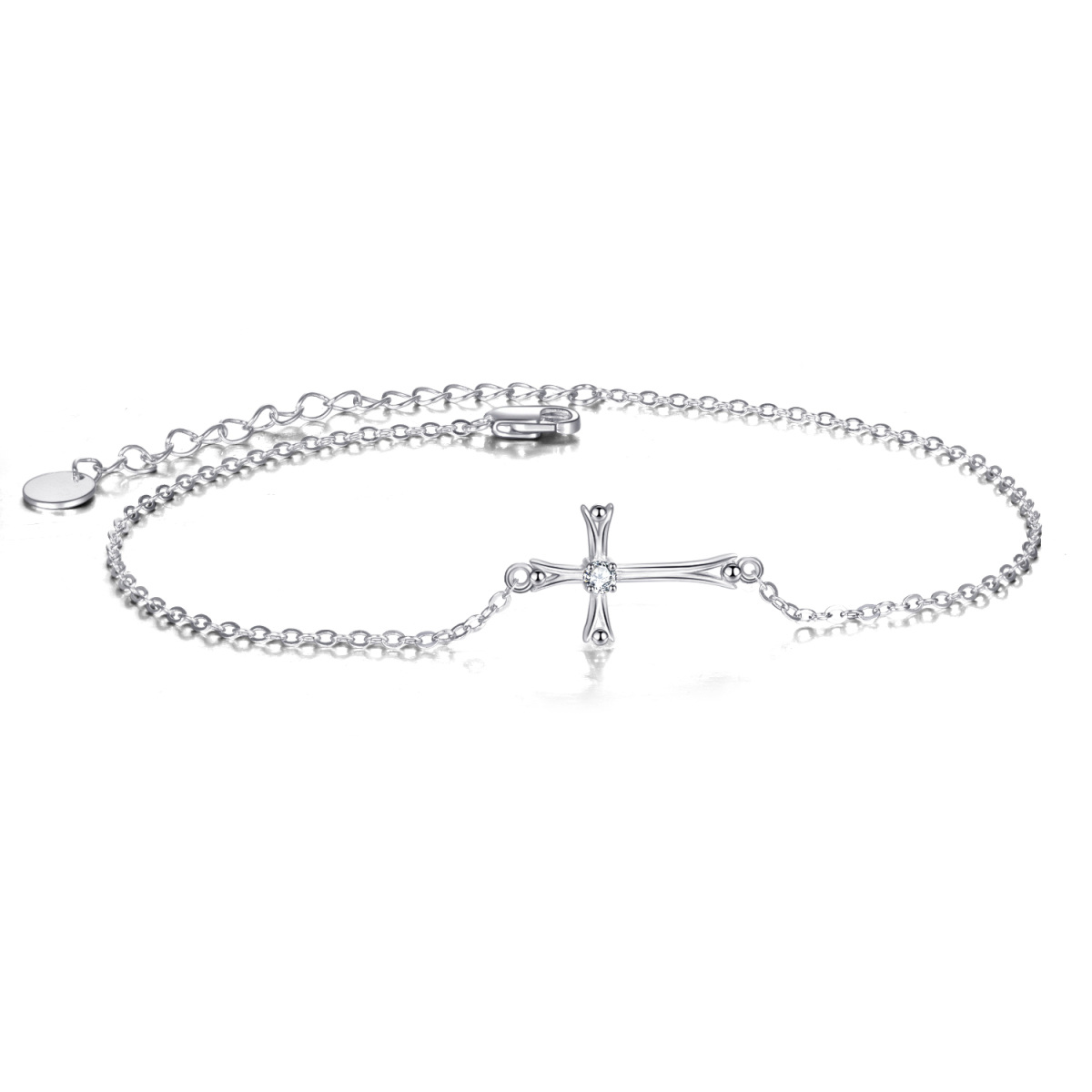 Sterling Silver Circular Shaped Cubic Zirconia Cross Single Layer Anklet-1