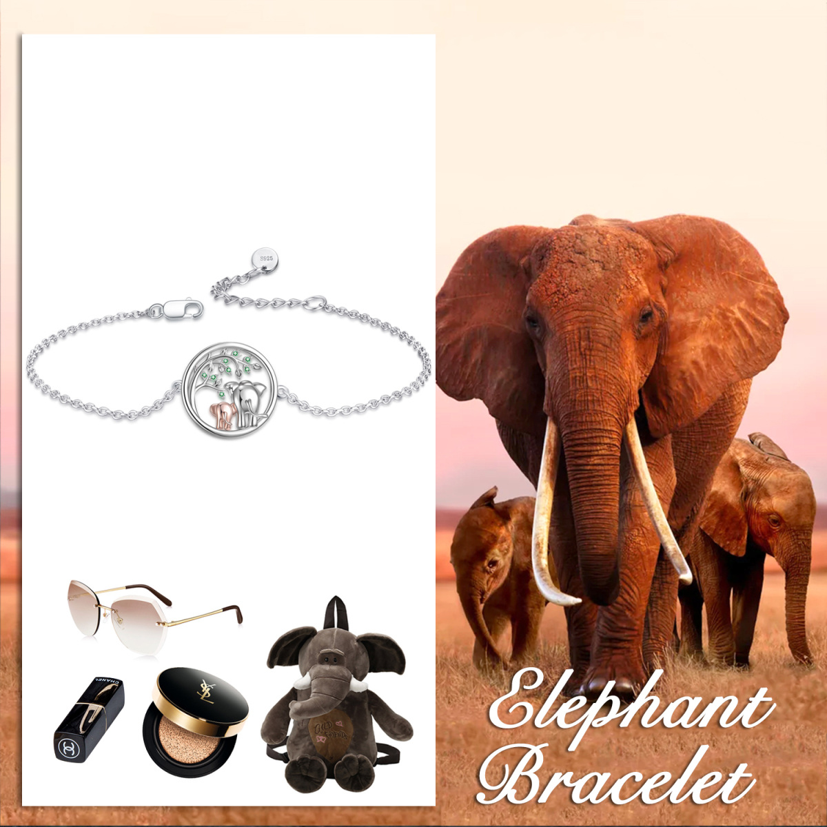 Bracelet en argent sterling avec pendentif éléphant en zircon bicolore-4