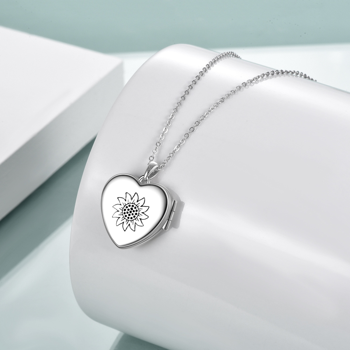 Sterling Silver Two-tone Sunflower & Heart Personalized Photo Locket Necklace with Engraved Word-4