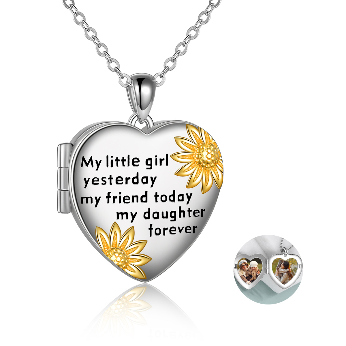 Zweifarbige Medaillon-Halskette mit Sonnenblumen-Herz aus Sterlingsilber mit eingraviertem Wort-1