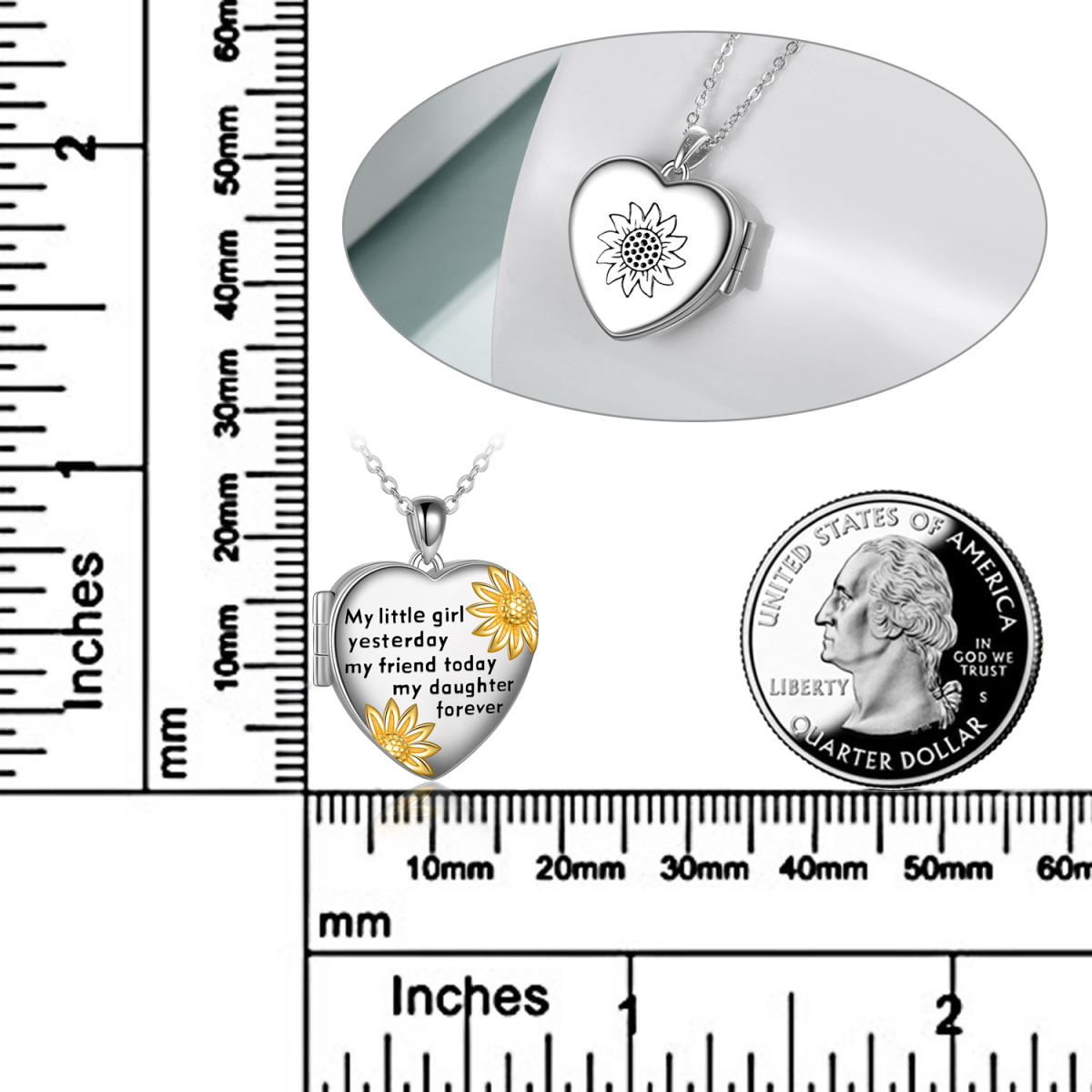 Collar con medallón con foto personalizado en forma de corazón de girasol de dos tonos en plata de ley con palabra grabada-5