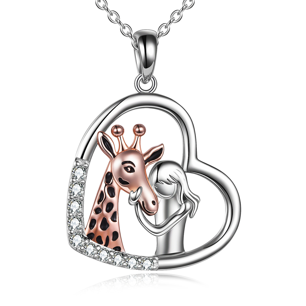 Sterling Silver Two-tone Cubic Zirconia Giraffe & Heart Pendant Necklace-1
