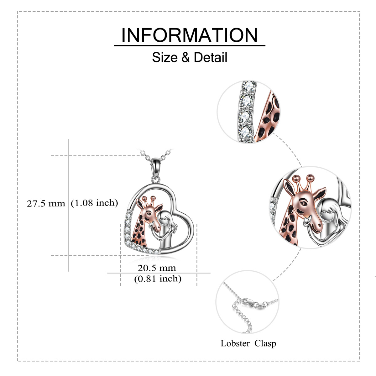 Sterling Silber zweifarbig Zirkonia Giraffe & Herz Anhänger Halskette-6