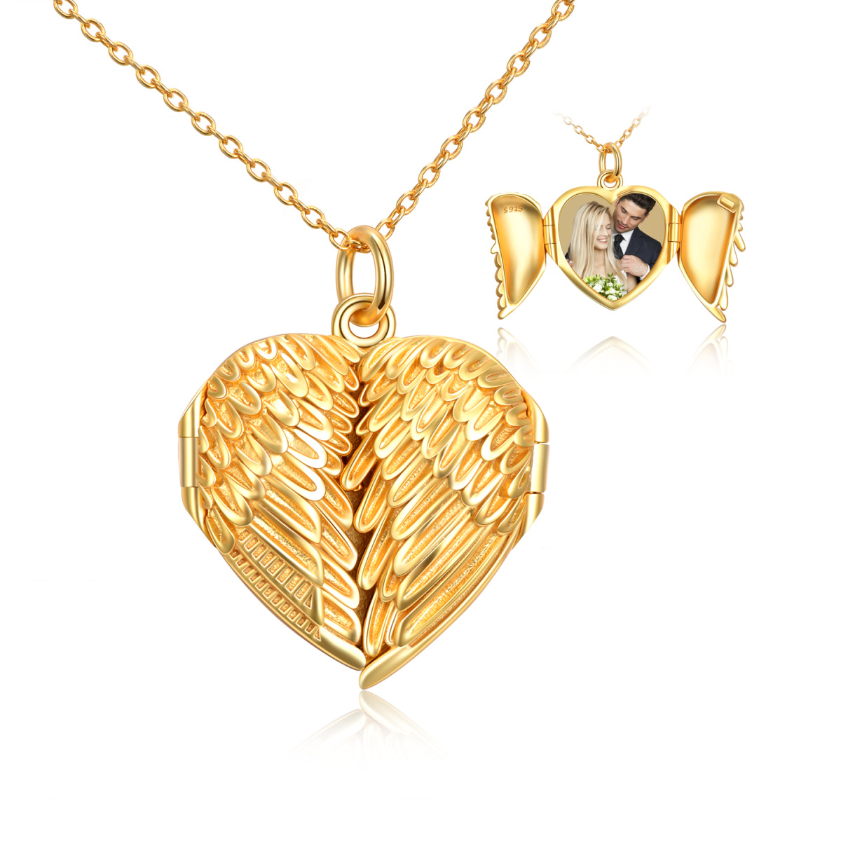 Sterling Silver with Yellow Gold Plated Angel Wing & Heart Personalized Photo Locket Necklace-1