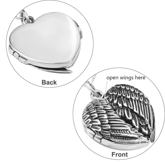 Sterling Silver Angel Wings Heart Personalized Photo Locket Necklace-4