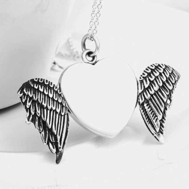 Sterling Silver Angel Wings Heart Personalized Photo Locket Necklace-3