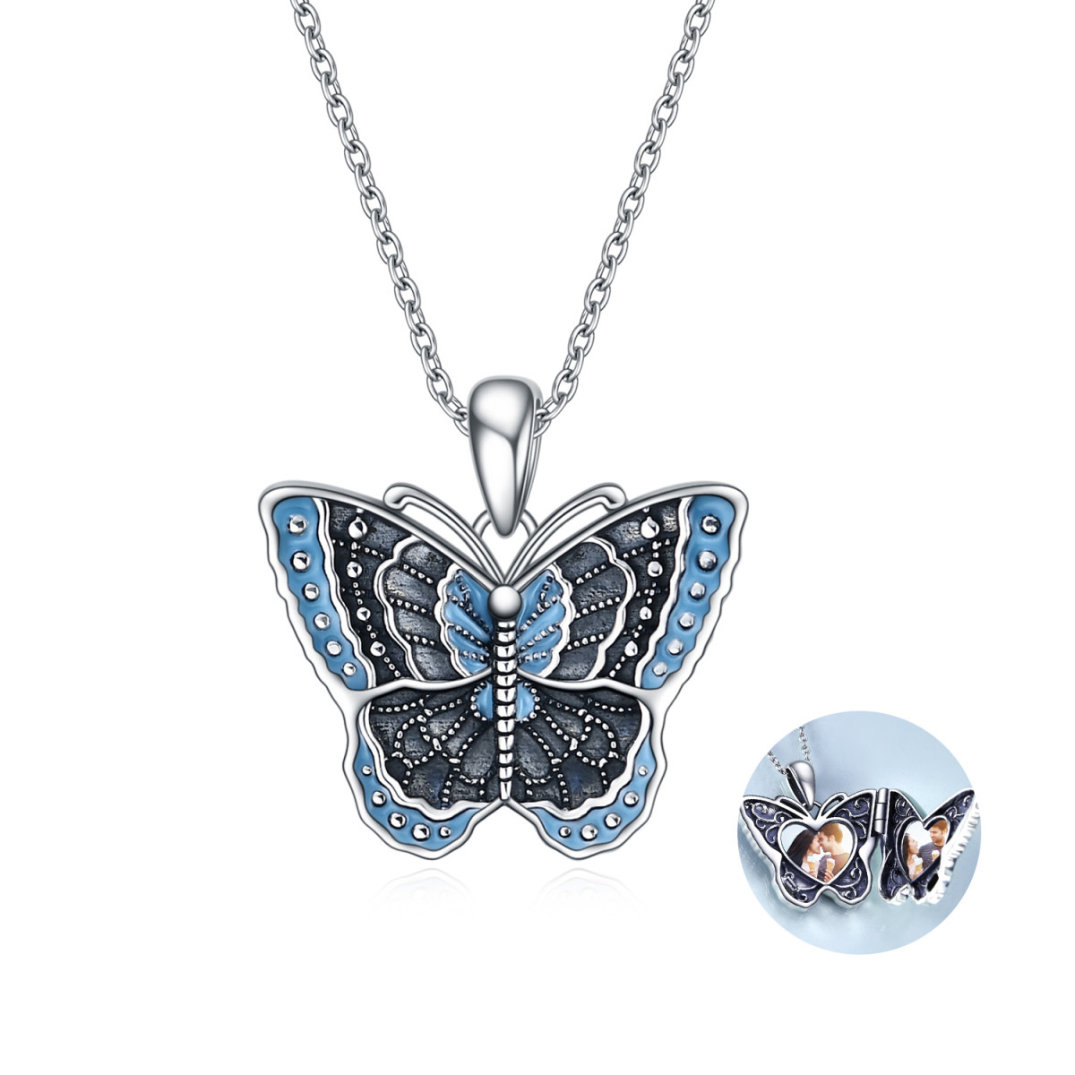 Sterling Silver Butterfly & Personalized Photo Personalized Photo Locket Necklace with Engraved Word-1