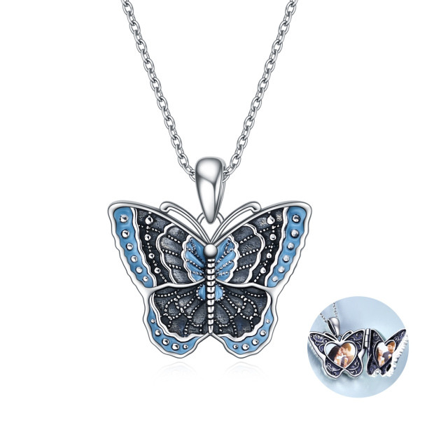 Sterling Silver Butterfly & Personalized Photo Personalized Photo Locket Necklace with Engraved Word-0